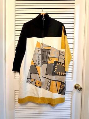 Oversized Colorblock Zip-Front Knit Sweater Duster - Black, White & Mustard